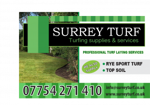 Surrey Turf business card with details.